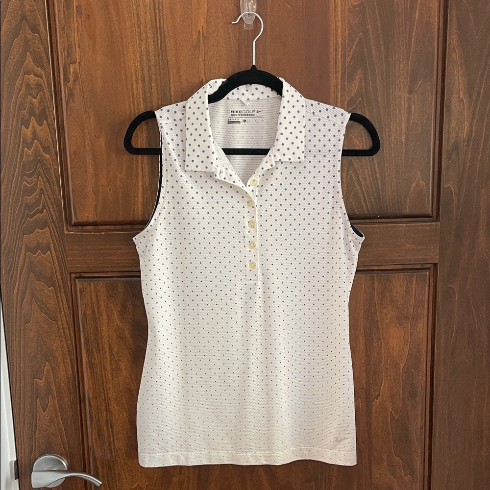 Nike White Sleeveless Polo Tank Top with Navy Dot Print